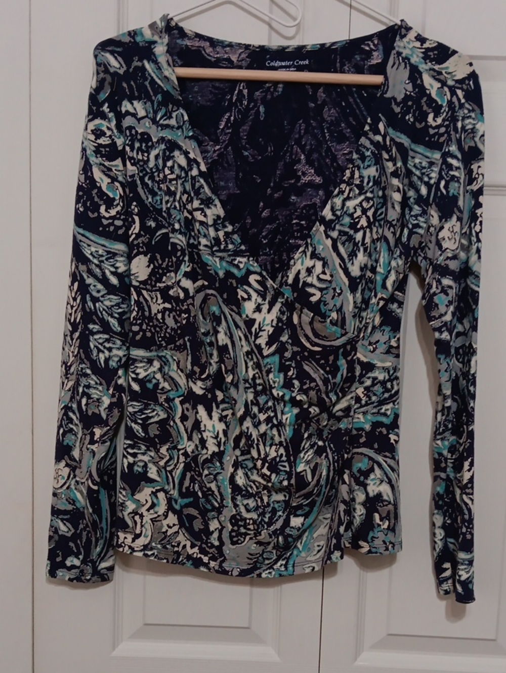 Coldwater Creek Navy, Teal & White Paisley Wrap-Style Top